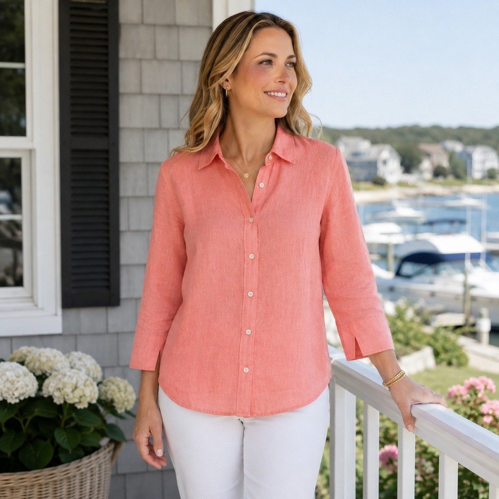 David N Linen Button Up Shirt Womens Small Coral Pink 3/4 Sleeves Collared Top